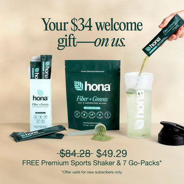 Hona Fiber + Greens packaging with a hand pouring a packet into a shaker, on a white background.
