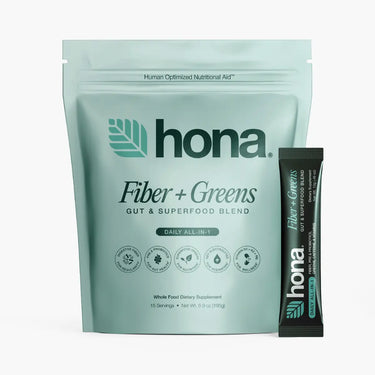 Hona Fiber + Greens supplement package on a white background