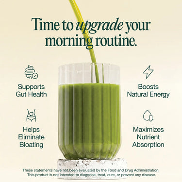 Glass of green juice with text about health benefits on a beige background