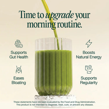 Glass of green juice with text about health benefits on a beige background