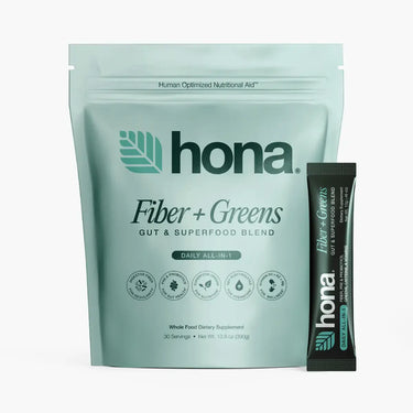 Hona Fiber + Greens Go-Packs supplement package on a white background