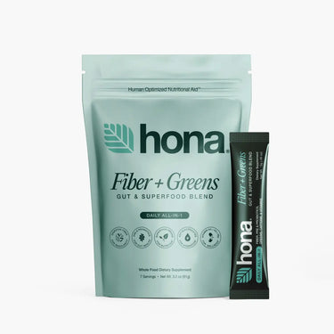 Hona Fiber + Greens supplement package on a white background