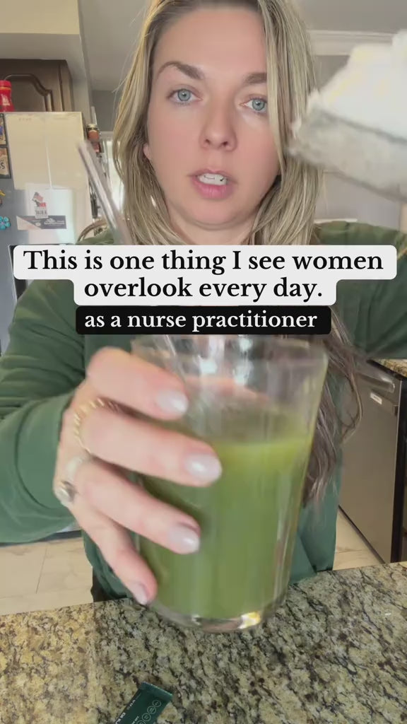 Woman making Hona Fiber + Greens in her kitchen discussing the benefits that she has seen taking the product.